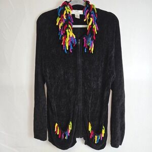 Vintage Lisa International Rainbow Fringe Full Zip Knit Cardigan, Black, Medium